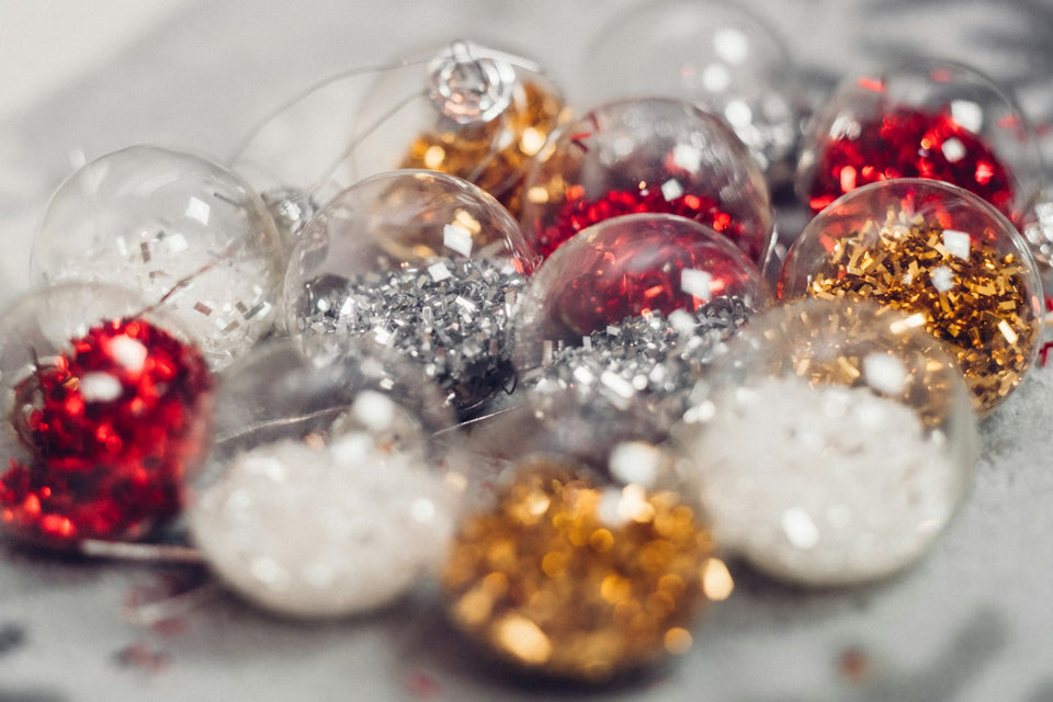 Red, gold, white and silver Christmas decorations for DIY ornaments