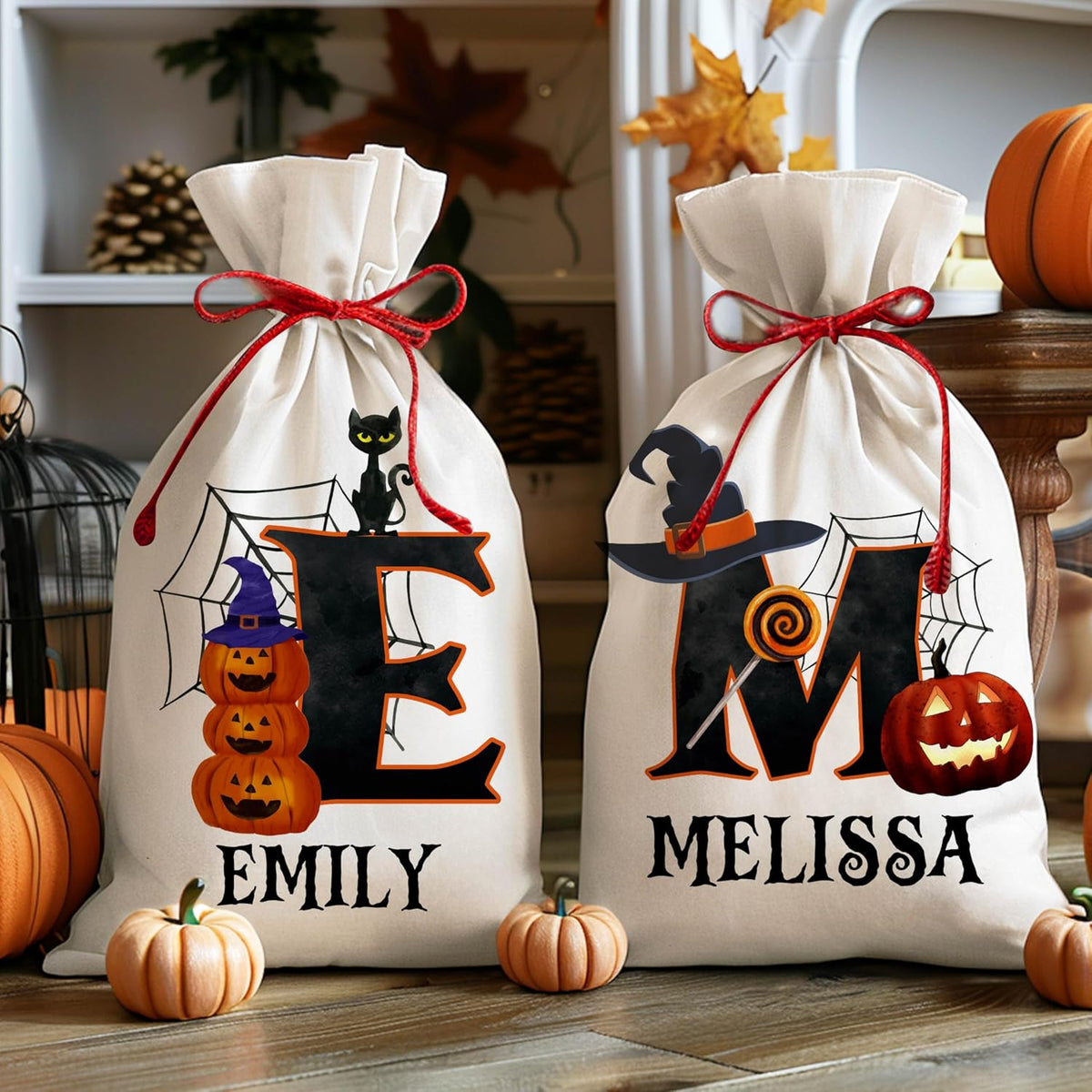 Customized Halloween Trick or Treat Candy Sack - Personalized Reusable Cotton Goodie Bag with Creepy & Funny Pumpkin Design - 16" X 24" Tote Sack - Gift for Halloween Parties