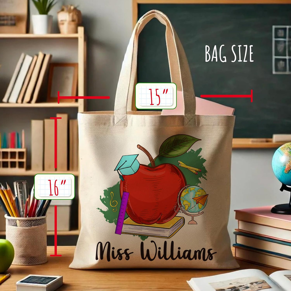 Personalized Teacher Tote Bag with Name – Custom Monogrammed Canvas Shoulder Bag – 6 Aesthetic Designs – Teacher Appreciation, Birthday, Christmas Gift for Women, School or Everyday Use