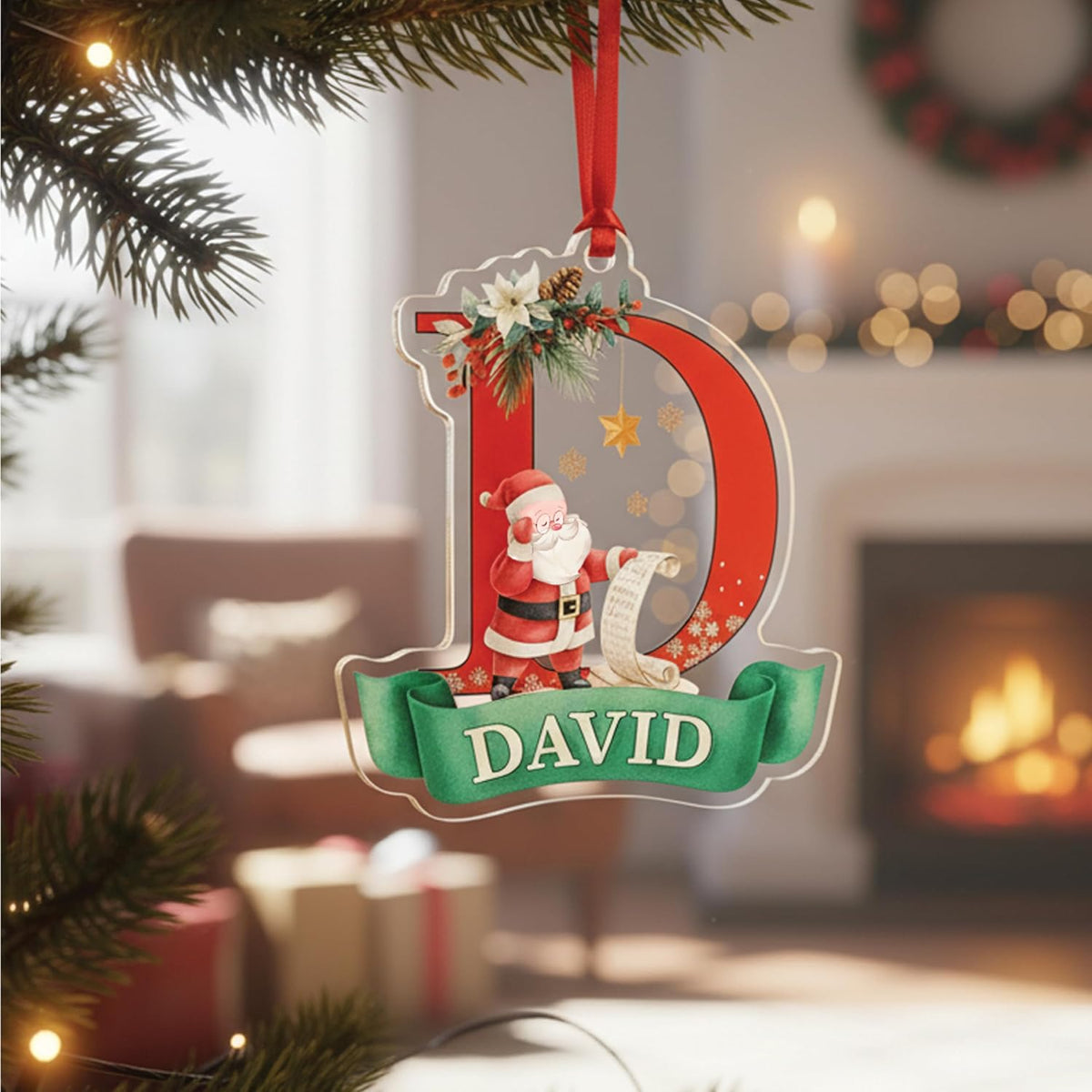 Personalized Santa Initial Ornament - Custom Acrylic Letter Christmas Decoration with Name - Holiday Tree Gift for Kids, Girls, Boys, Family - Santa List Monogram Ornament