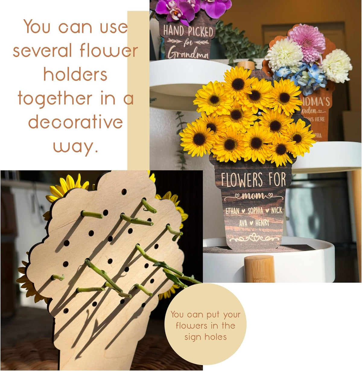 Zexpa Apparel Custom Wooden Flower Holder with Kids' or Grandkids' Names – Unique Gift for Mom, Grandma, Nana – Personalized Name Display Stand for Mother’s Day, Birthday or Home Décor