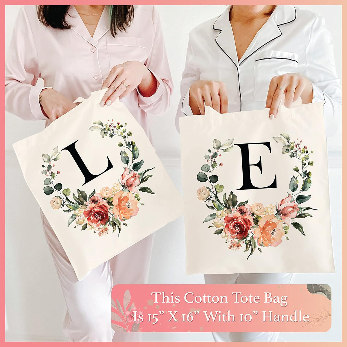 Floral Initial Tote Bag for Women - Personalized Canvas Bag for Bridesmaid Gifts - Monogrammed Aestetic Teacher Totes Bags (Initial #K)