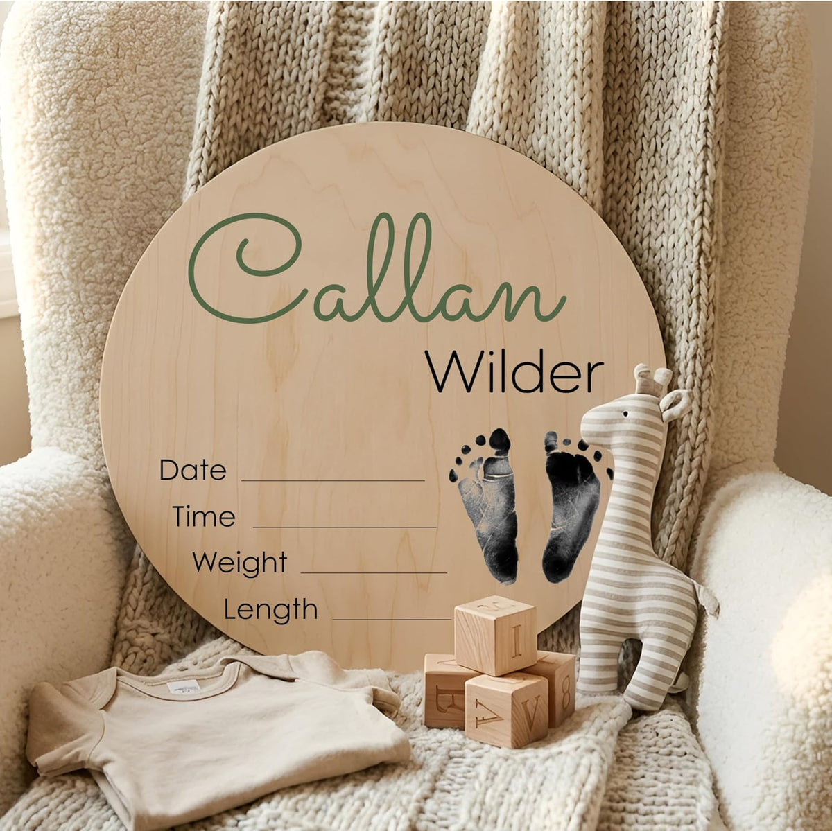 Personalized Baby Name Birth Stats Sign - Custom Wooden Round Keepsake for Newborn with First Footprint Design - Add First Middle Last Name, Date, Time, Weight, Length - Baby Gifts