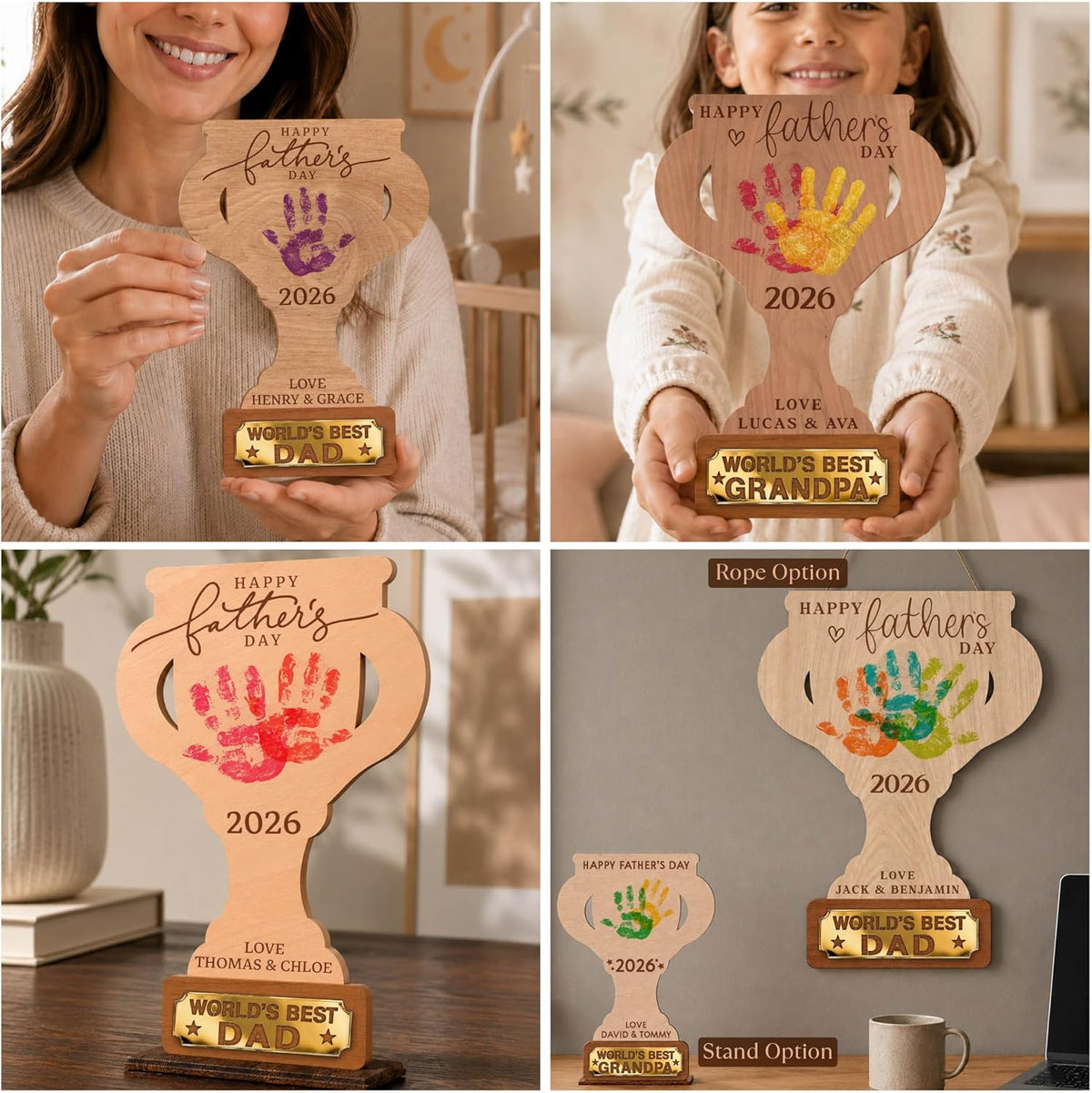 Personalized Handprint Father’s Day Trophy Sign, DIY Kids Handprint Plaque Gift for Dad Grandpa Papa