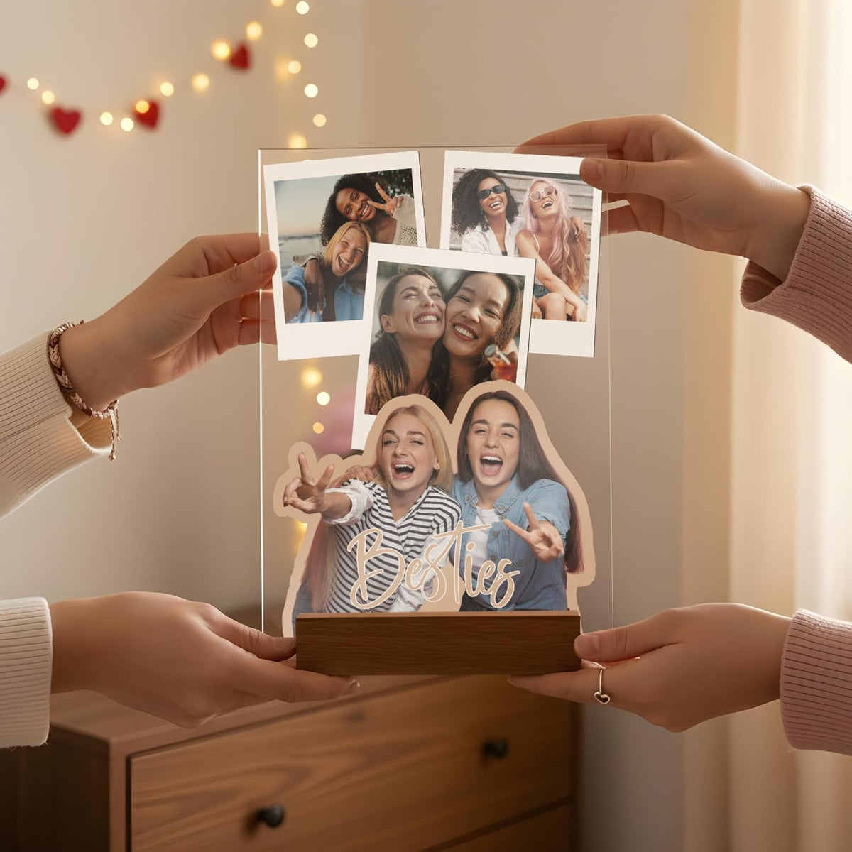 Personalized Besties or Sisters Acrylic Photo Collage Gift with Custom Text & 4–9 Photos – Custom LED or Wood Base Display for Birthday, Friendship, Christmas, Galentine’s Day, Room Decor