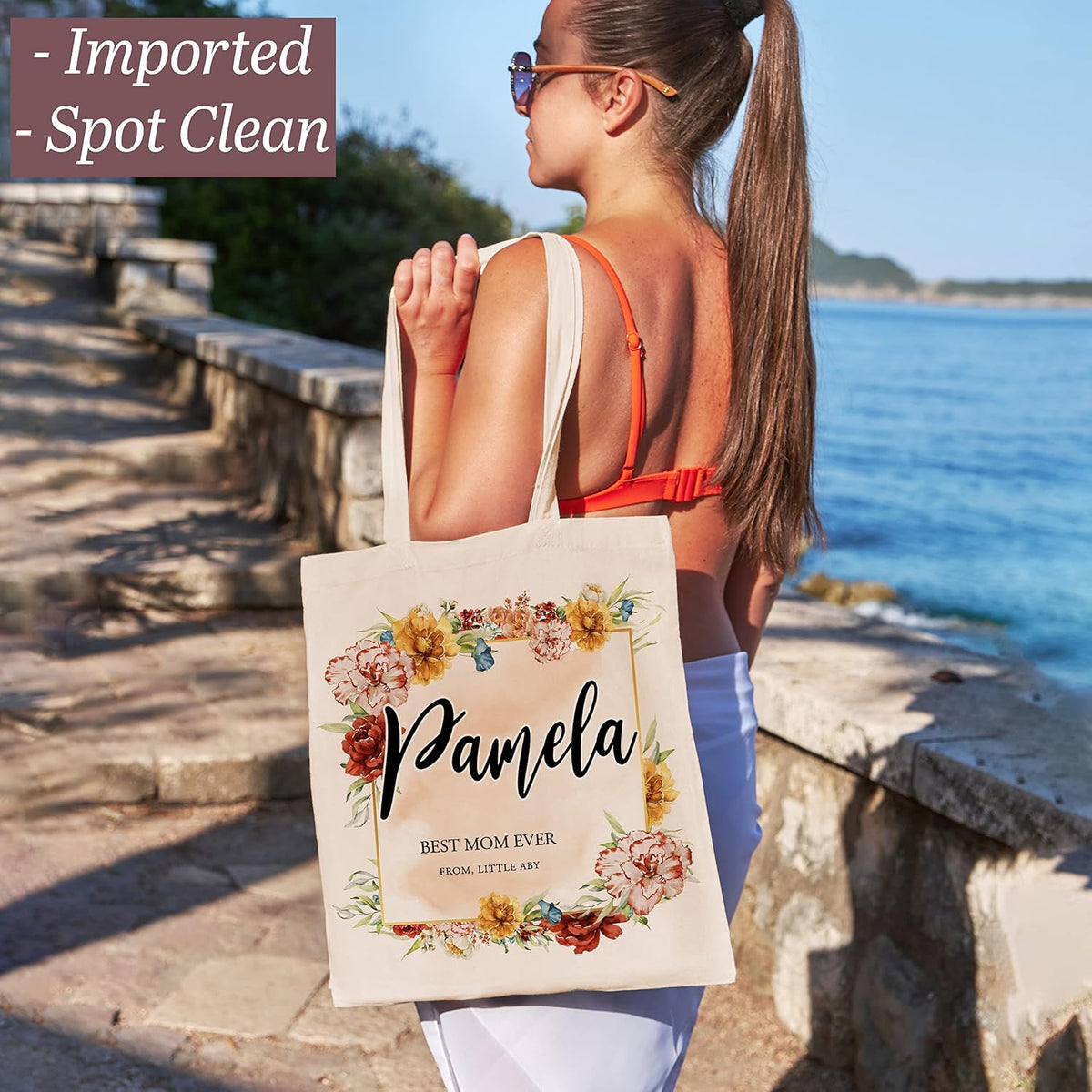 Personalized Mother's Day Tote Bag for Women w/Name - 3 Designs - Customized Floral Canvas Bag Gift for Mom - Custom Reusable Shopping Grocery Bag w/Text - Tote Bag Aesthetic Wedding Birthday Gifts C1