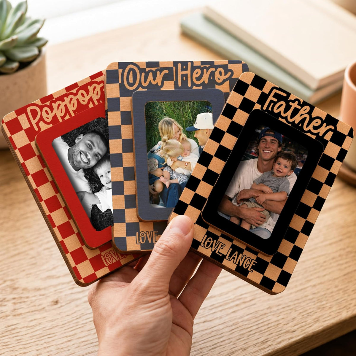Father's Day Car Visor Photo Frame Personalized, Custom Dad Picture Holder Clip, Buffalo Plaid 2x3 Mini Frame for Truck Accessories, Magnet Back Option for Fridge, Gift from Kids for Grandpa