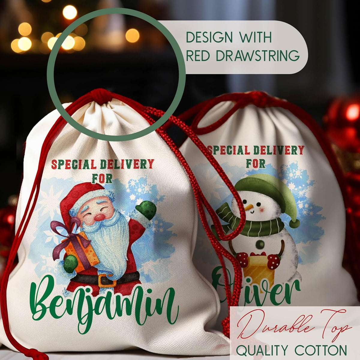 Personalized Christmas Santa Sack with Names, Custom Drawstring Gift Pouch