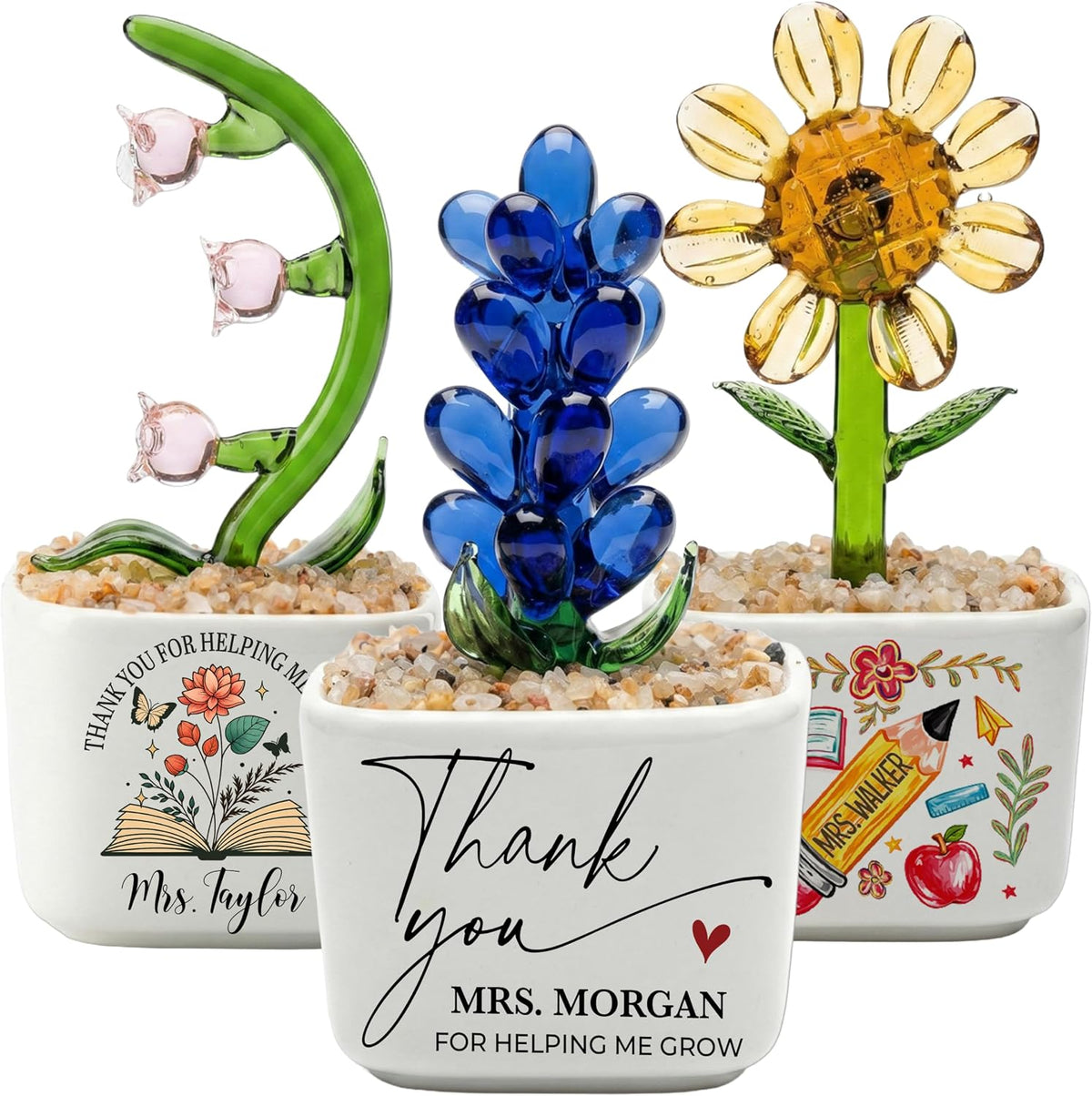 Custom Teacher Appreciation Gift, Handmade Glass Flower Plant in Personalized Ceramic Pot, Thank You for Helping Me Grow, Unique End of Year Teacher Gift from Student, Keepsake Desk Decor