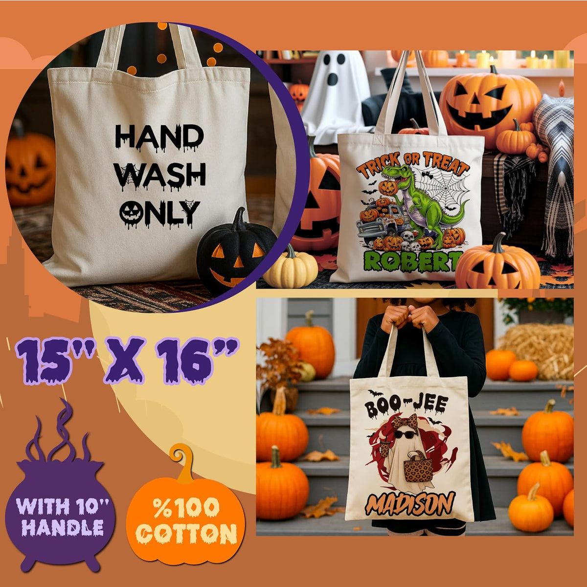 Custom Halloween Trick or Treat Bag, Custom Spooky Candy Tote for Boys&Girls