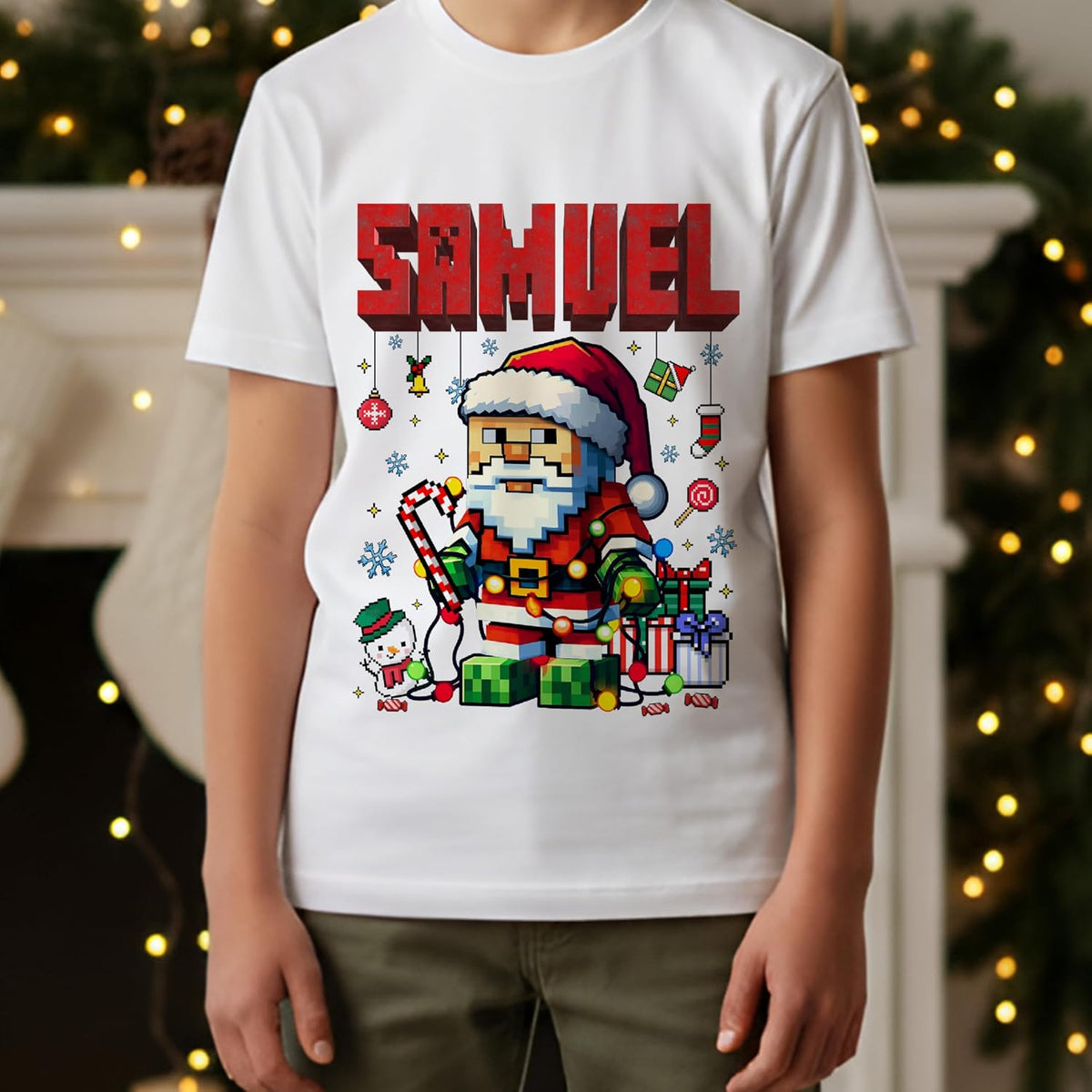 Personalized Santa Christmas T-Shirt for Kids & Toddlers - Custom Name Pixel Art Holiday Shirt - Unisex Cotton Tee for Boys & Girls - Cute Xmas Gift for Family, Grandkids, Occasion Wear Black