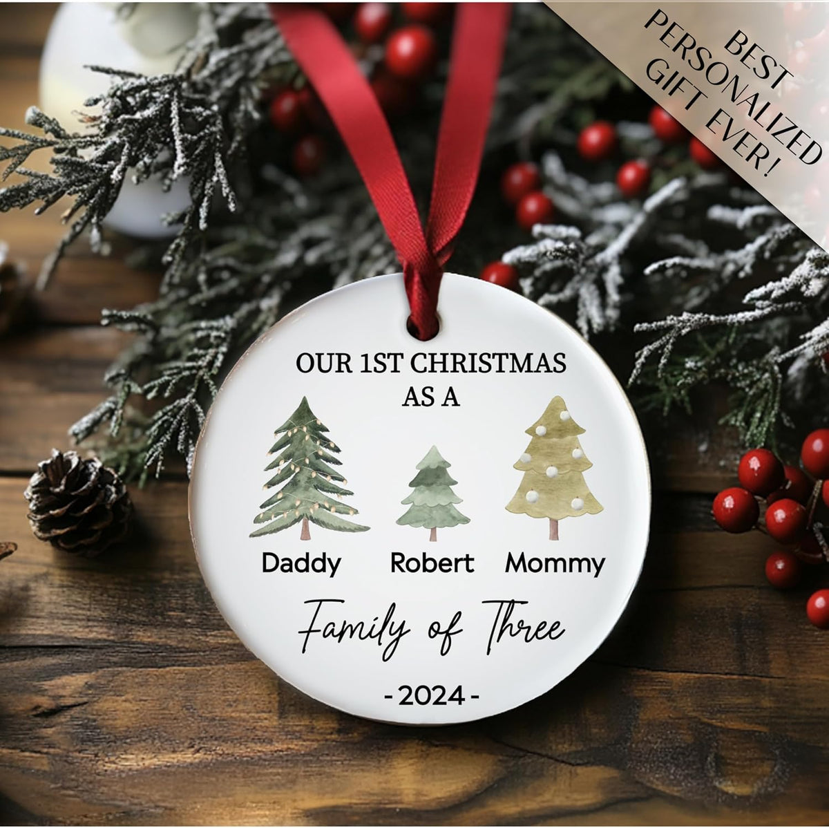 Custom 2025 Ceramic Ornaments - Personalized Monogrammed Name & Pine Tree Decorations - Holiday Keepsake with Year for Family of Three, Our First for Mommy & Daddy