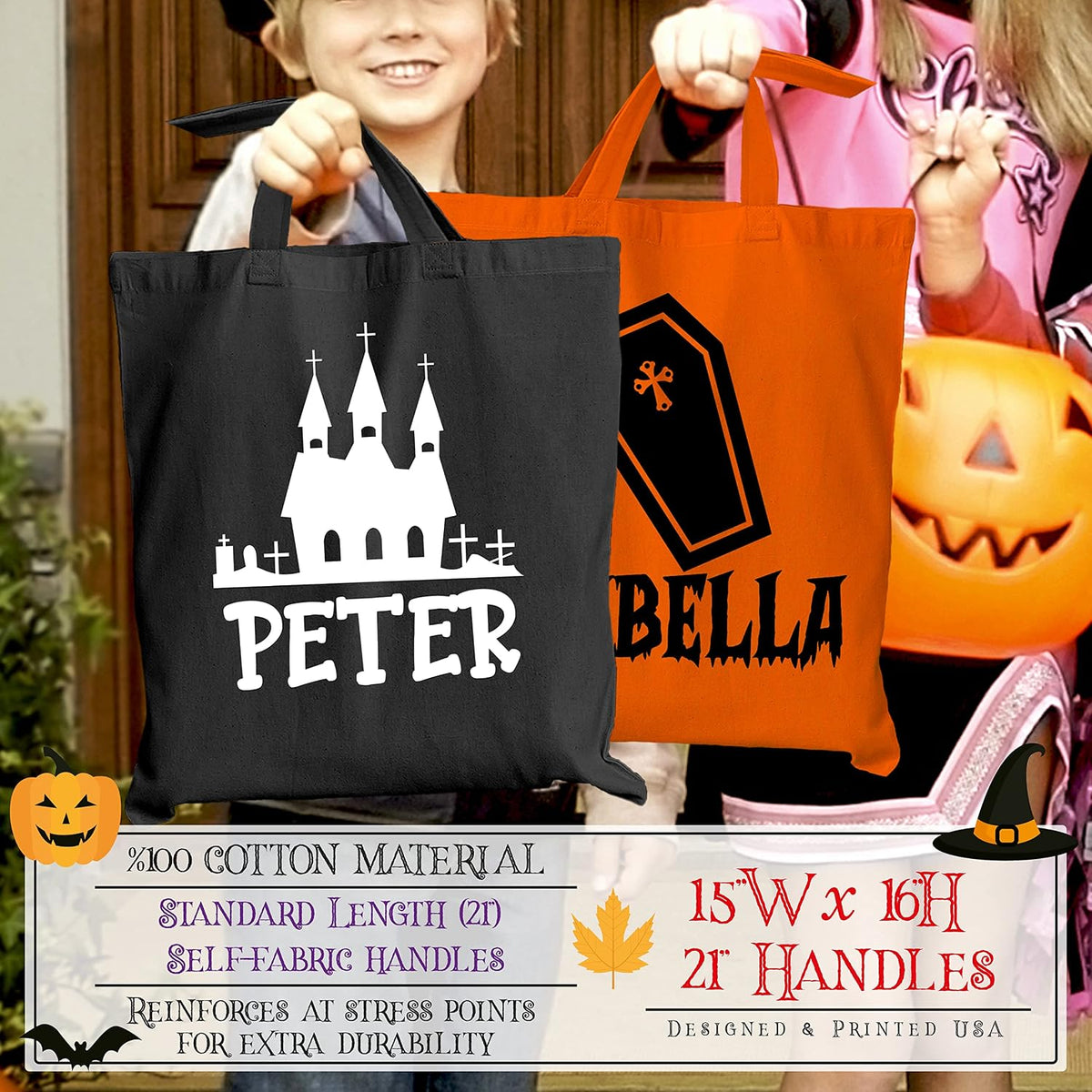 Personalized Name Halloween Canvas Tote Bags - Custom Trick or Treat Bag with - Gift Bag for Halloween Parties & Everyday Use