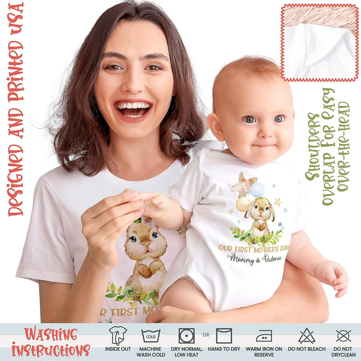 Custom Our First Mother’s Day Matching Shirt Set – 2025 Baby Bodysuit and Mom T-Shirt with Cute Animal Design – Mommy and Me Gift Idea for New Mom, Baby Shower, Mother's Day Outfit Black