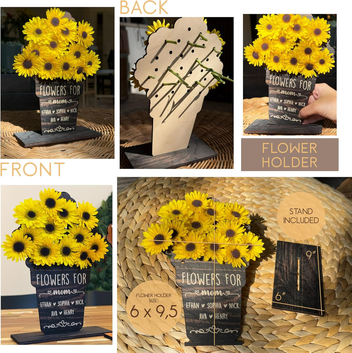 Personalized Wooden Flower Holder Gift for Mom, Grandma - Custom Mother's Day Wood Vase Keepsake with Kids' Names - DIY Real Flower Display with Stand, 6x9.5 Inches - Sympathy Gift