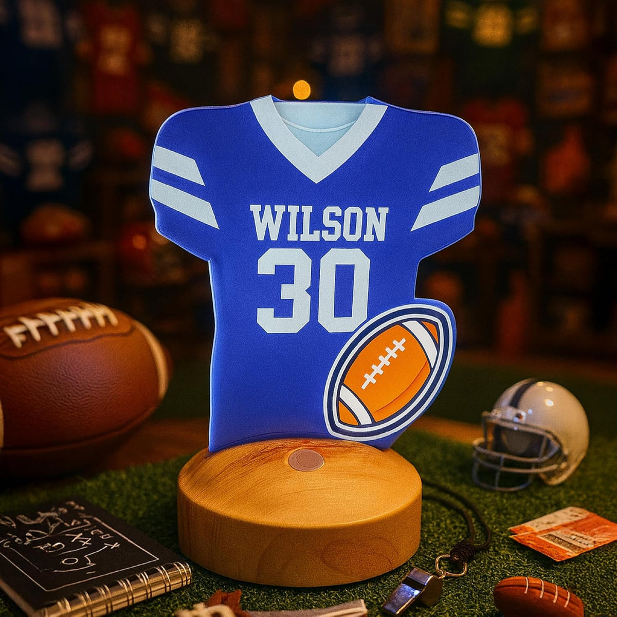 Personalized Football Jersey Night Light with Name & Number – Custom Team Uniform Acrylic LED Lamp with Wooden Base – Football Decor Gift for Boys, Kids, Teen Athletes – Room Sports Decoration