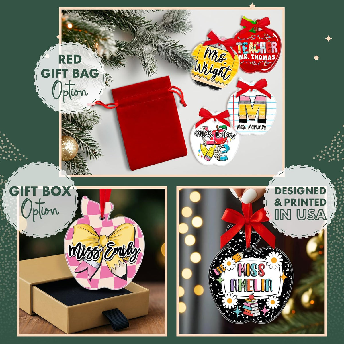 Personalized Teacher Apple Ornament - Custom Acrylic for Women & Men Educators with Name - Cute School Ornament for Classroom, End of Year, Teacher Appreciation, Back to School
