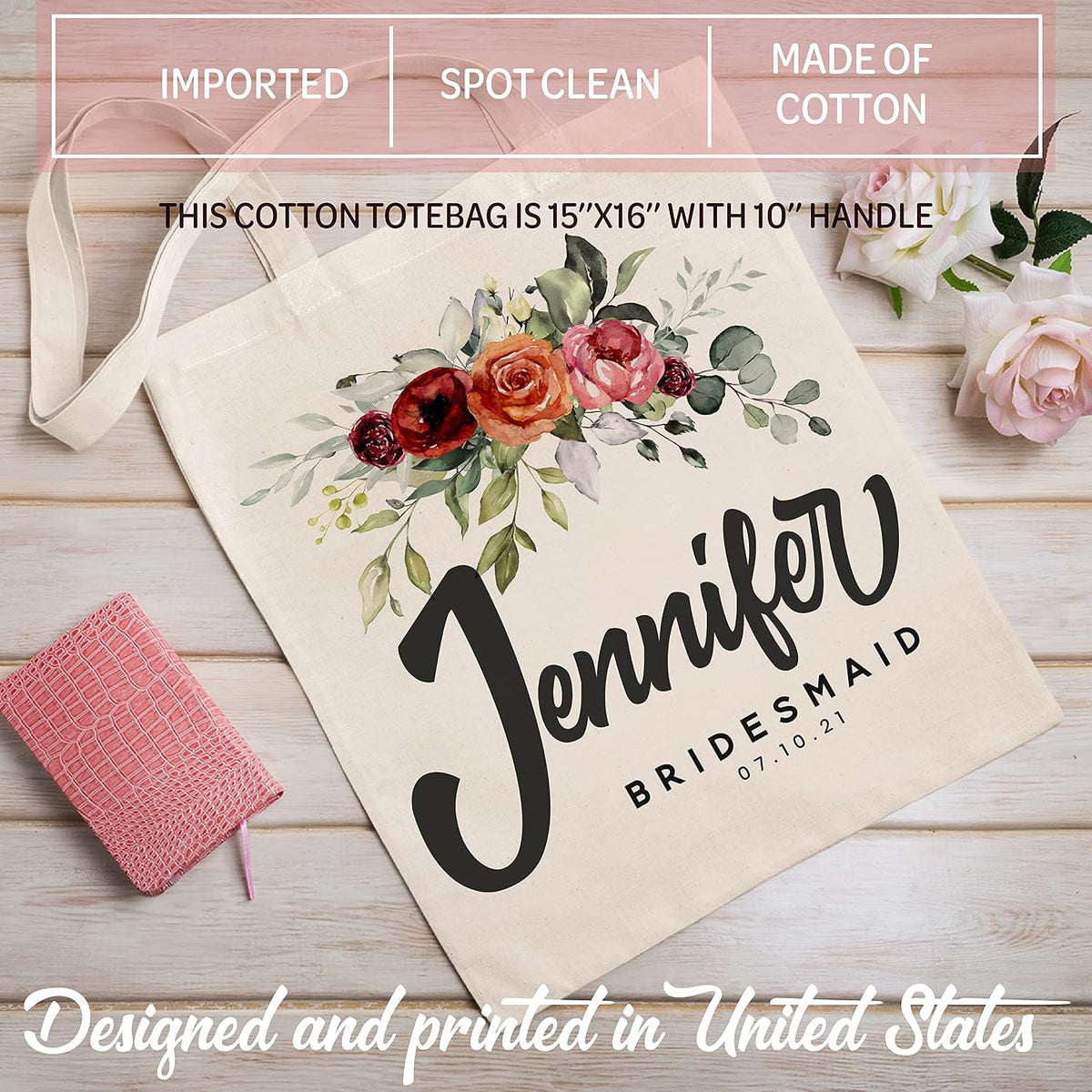 Personalized Wedding Tote Bags Gift for Bride Bridesmaid Women w/Name Text Date - Customized Floral Beach/Travel Canvas Bag - Custom Bridal Shower Bachelorette Party Accessories - Christmas c1 (Single)