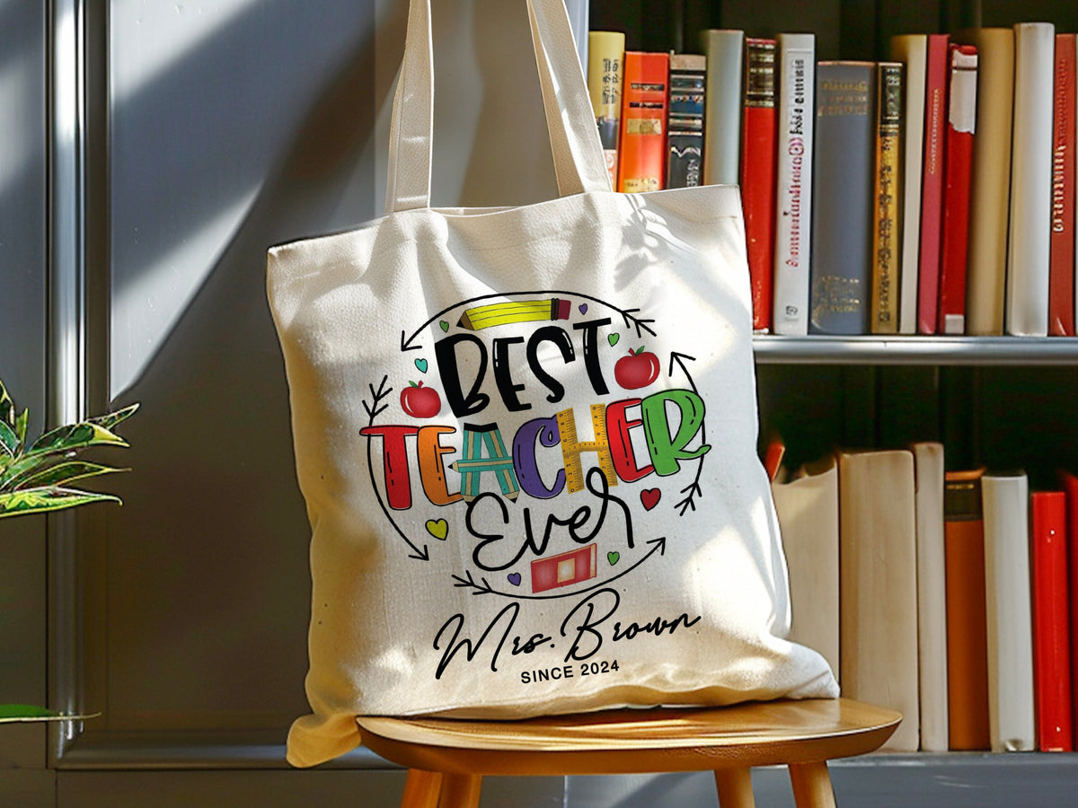 Custom Teacher Tote Bag, Teacher Appreciation Gift Bag, Teacher Name Gift Bag, Custom Teacher Gift, Boho Rainbow Tote Bag, Gift For Teacher