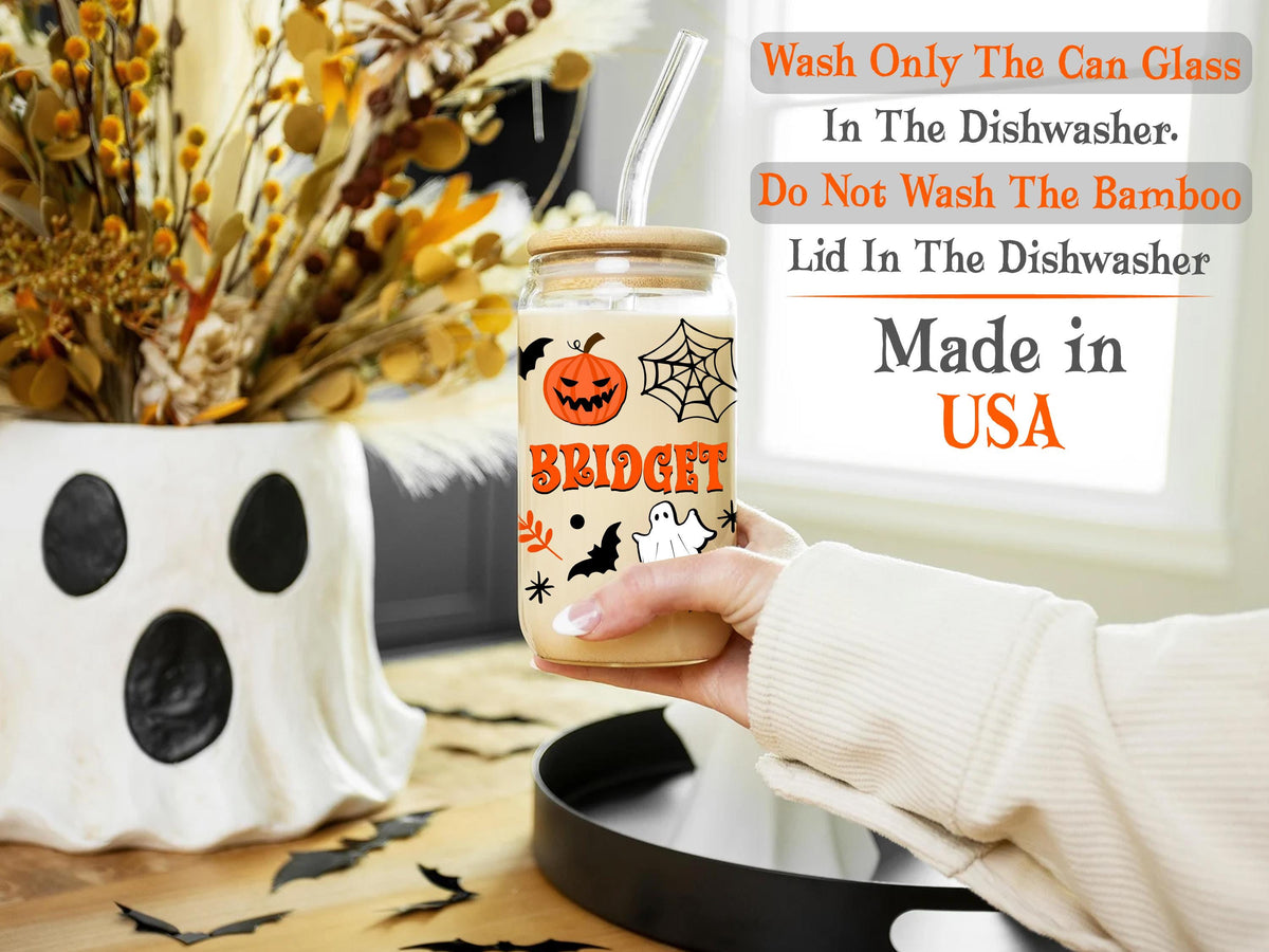 Funny Ghost Halloween Party Iced Coffee Cup, Custom Name Pumpkin Ghost Glass Can Coffee Cup Lid and Straw, Fall Coffee Mug, Halloween Gifts