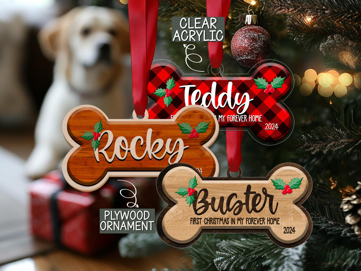 Personalized Dog Bone Christmas Ornament, Custom Pet Name Ornament, Pet Memorial Ornament, New Puppy Ornament, First Christmas Keepsake