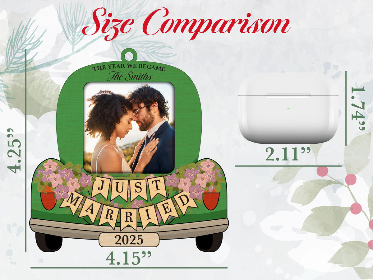 Custom Just Married Car Ornament: Wooden Wedding Keepsake For Christmas