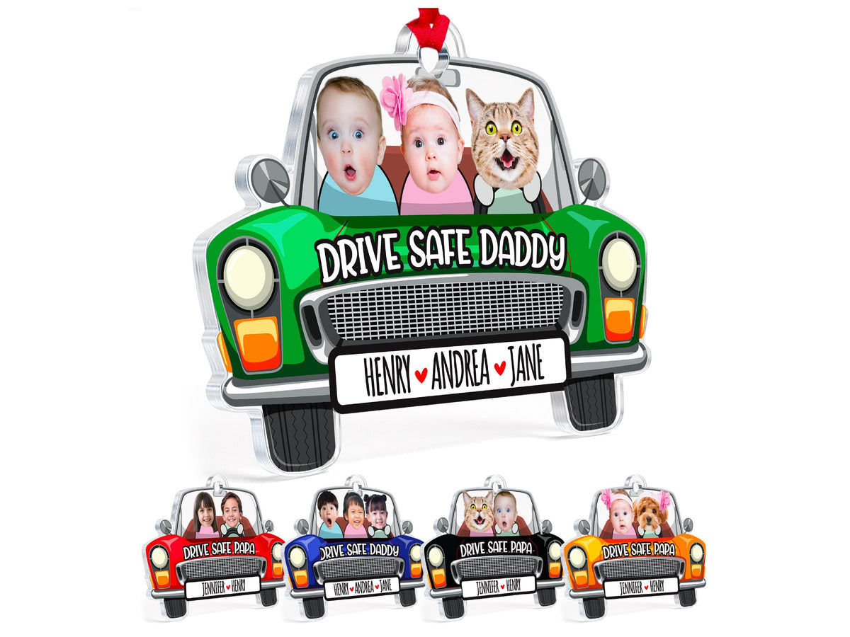 Photo Dad Ornament for Christmas, Custom Kids Picture Acrylic Ornament, Personalized Car Accessories for Dad, Photo Car Hanging Gift for Dad