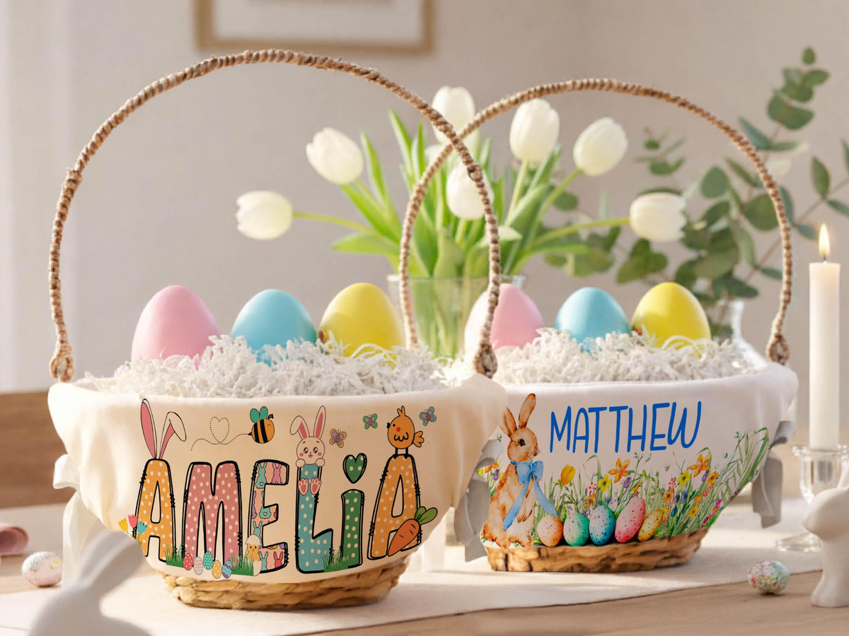 Personalized Easter Basket Liner, Custom Name Easter Egg Hunt Basket Liner, Kids Easter Basket Decoration, Bunny Boy or Girl Easter Gifts