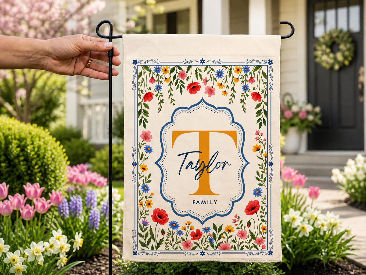 Personalized Floral Garden Flag, Family Name Flag Housewarming Gift, Custom Initial Yard Decor Flag, Watercolor Chinoiseries Flag