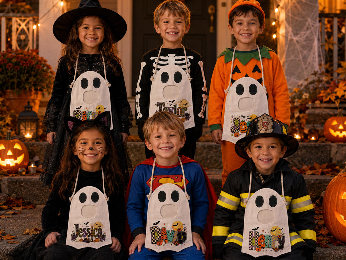 Ghost Halloween Trick or Treat Bag for Kids, Custom Name Spooky Halloween Candy Bag,Personalized Halloween Gift for Kids, Reusable Ghost Bag