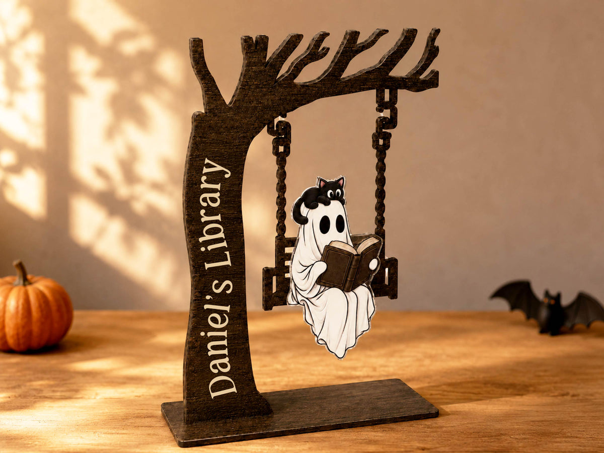 Personalized Halloween Ghost Bookshelf Sign for Book Nook, Cute Ghost On Swing Halloween Decor for Book Lover, Custom Name Library Sign
