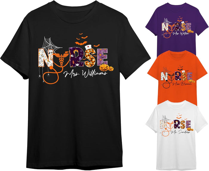 Personalized Halloween Nurse T-Shirt - Customized Women’s Pumpkin Tee with Spooky Boo Boo Crew Ghost Funny Graphic for Friends - 4 Color Options