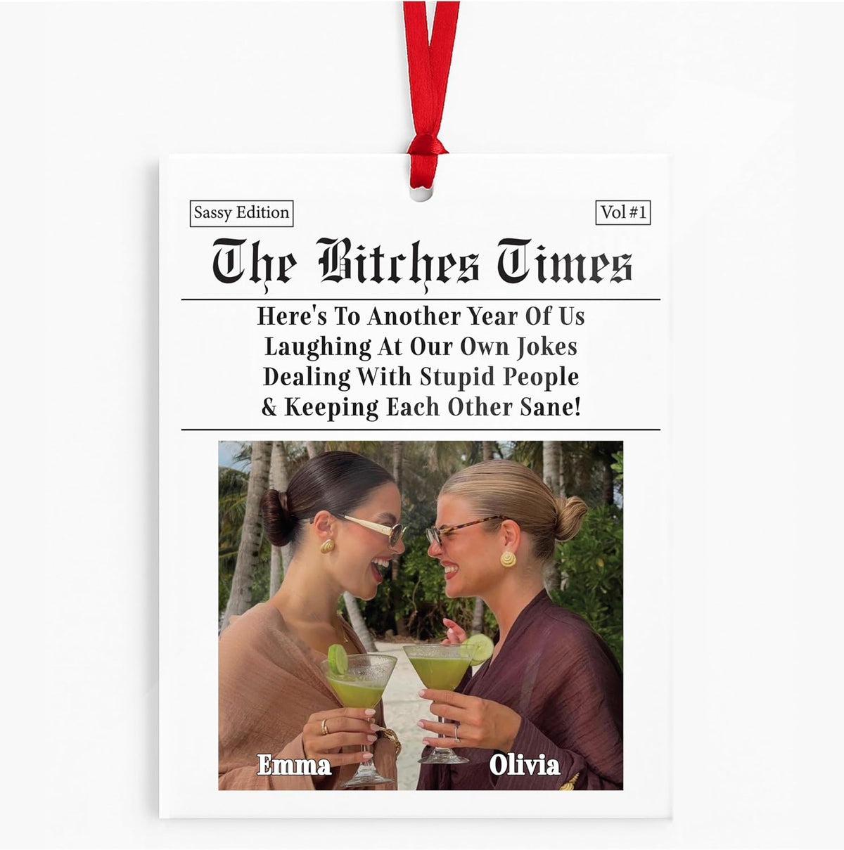 Funny Personalized Newspaper Ornament – Custom Photo Christmas Keepsake for Best Friends, Sisters, Girls – Unique with Names & Year – Friendship Acrylic Decoration for Tree or Room Decor