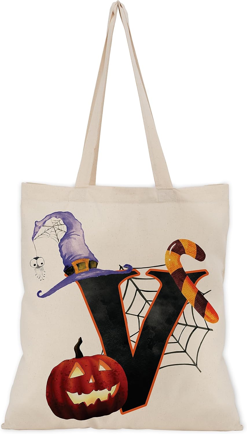 People People Halloween Initial Tote Bags Gifts for Boys Girls - Trick or Treat Letters Pumpkin Goodie Bag