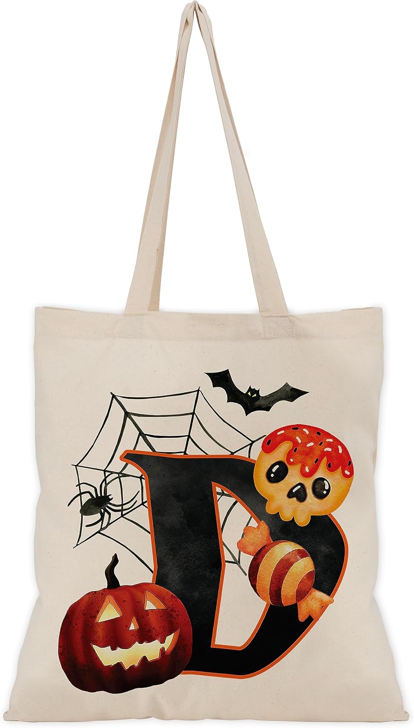People People Halloween Initial Tote Bags Gifts for Boys Girls - Trick or Treat Letters Pumpkin Goodie Bag
