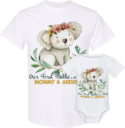 Custom Our First Mother’s Day Matching Shirt Set – 2025 Baby Bodysuit and Mom T-Shirt with Cute Animal Design – Mommy and Me Gift Idea for New Mom, Baby Shower, Mother's Day Outfit Black