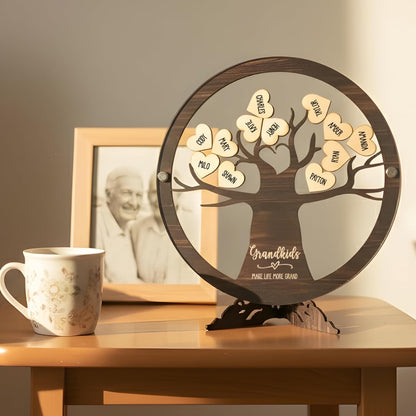 Personalized Family Tree Name Sign with Wooden Hearts – Custom Printed Acrylic & Wood Round Plaque with Stand – Unique Gift for Parents, Grandparents, Anniversary, Christmas, or Home Décor