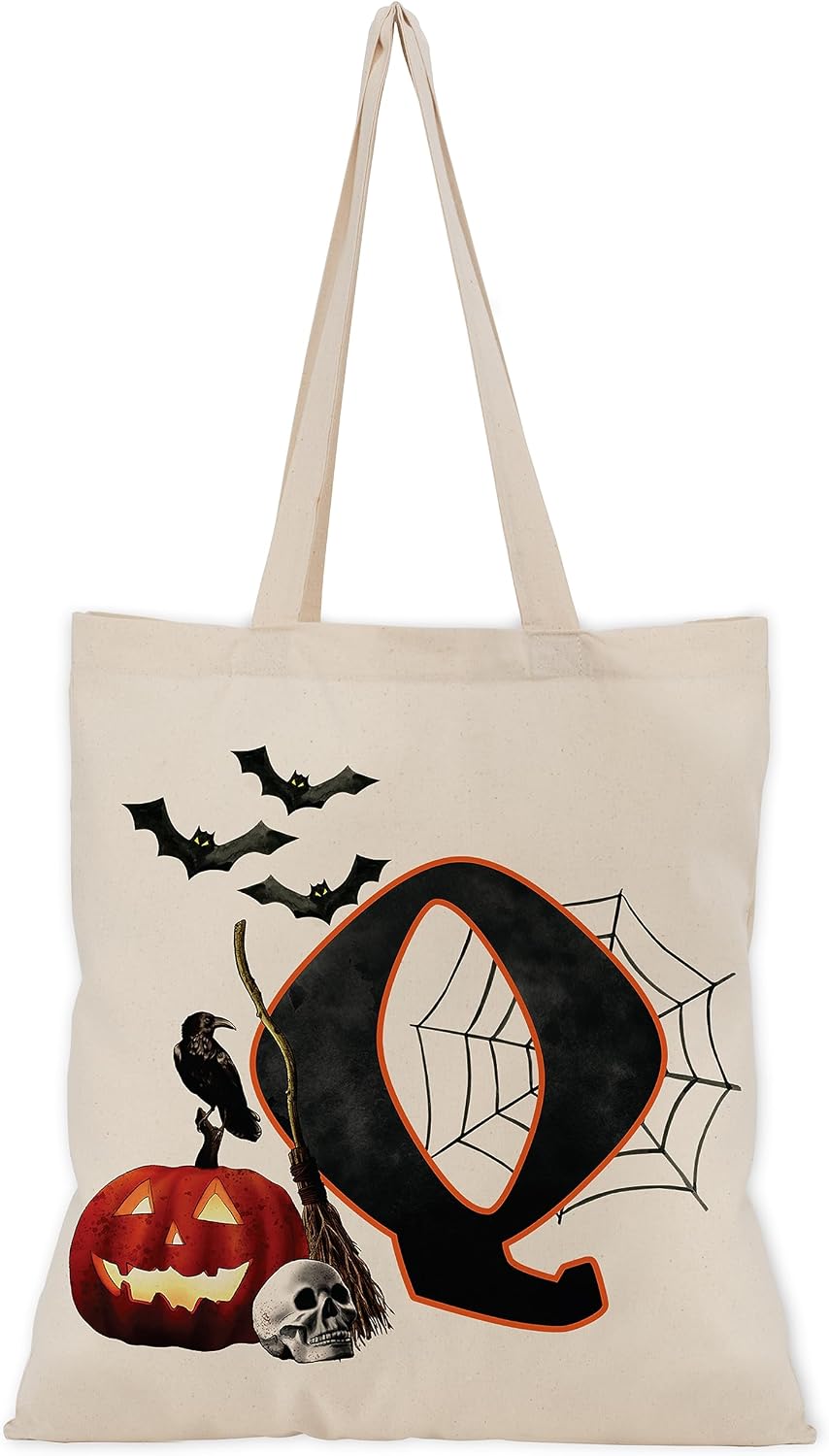 People People Halloween Initial Tote Bags Gifts for Boys Girls - Trick or Treat Letters Pumpkin Goodie Bag