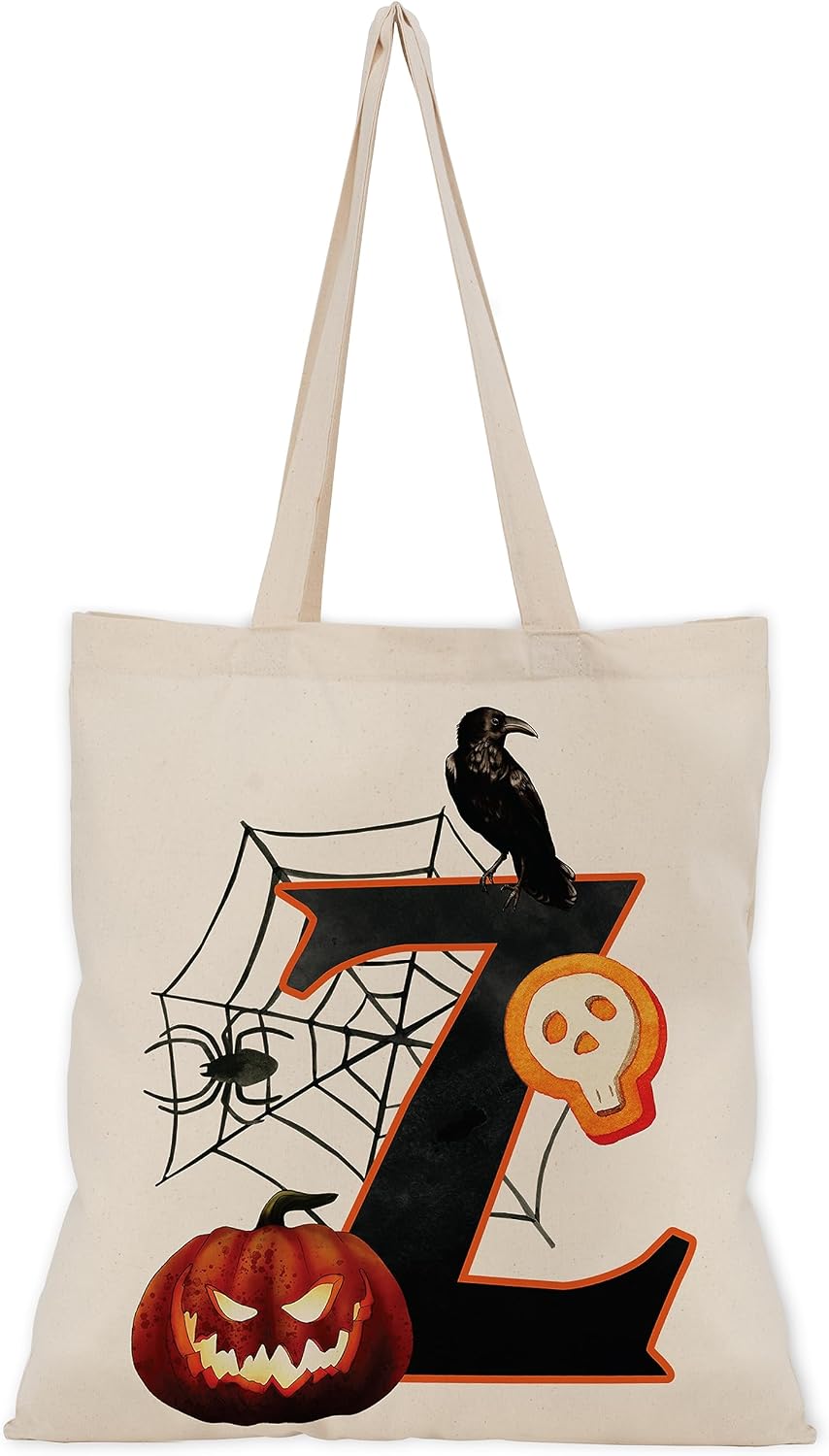 People People Halloween Initial Tote Bags Gifts for Boys Girls - Trick or Treat Letters Pumpkin Goodie Bag