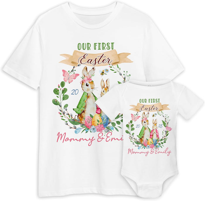 Personalized Easter Matching Shirt & Bodysuit – Custom Name & Year – First Easter Outfit – Family Holiday Apparel – Mom & Baby Matching Clothes – Spring Gift – Easter Photo Outfit