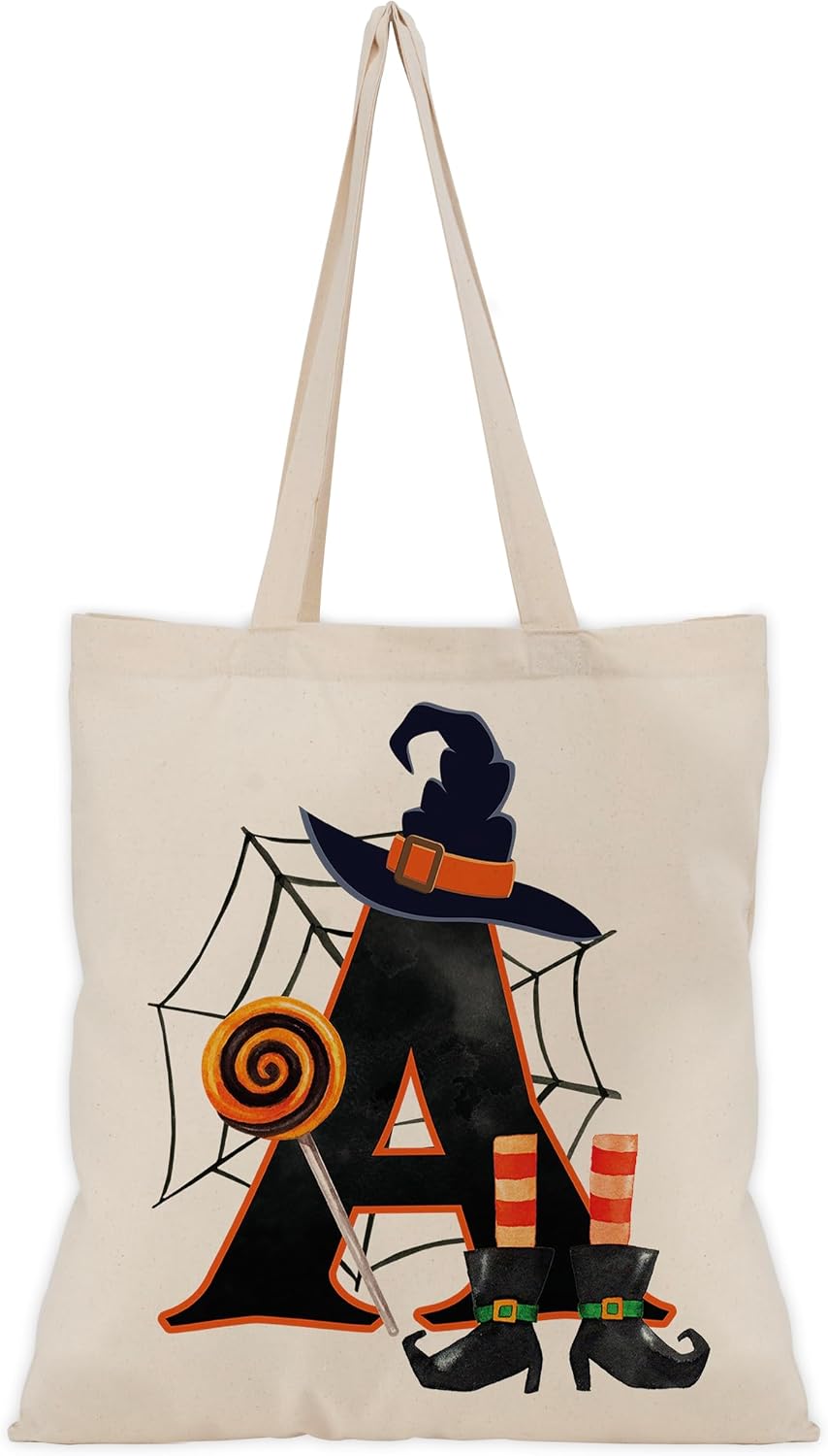 People People Halloween Initial Tote Bags Gifts for Boys Girls - Trick or Treat Letters Pumpkin Goodie Bag