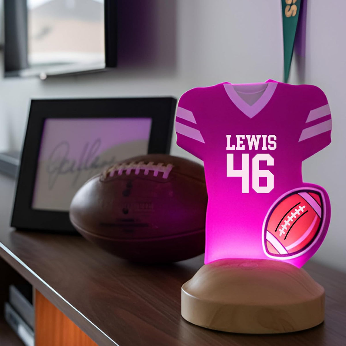 Personalized Football Jersey Night Light with Name & Number – Custom Team Uniform Acrylic LED Lamp with Wooden Base – Football Decor Gift for Boys, Kids, Teen Athletes – Room Sports Decoration
