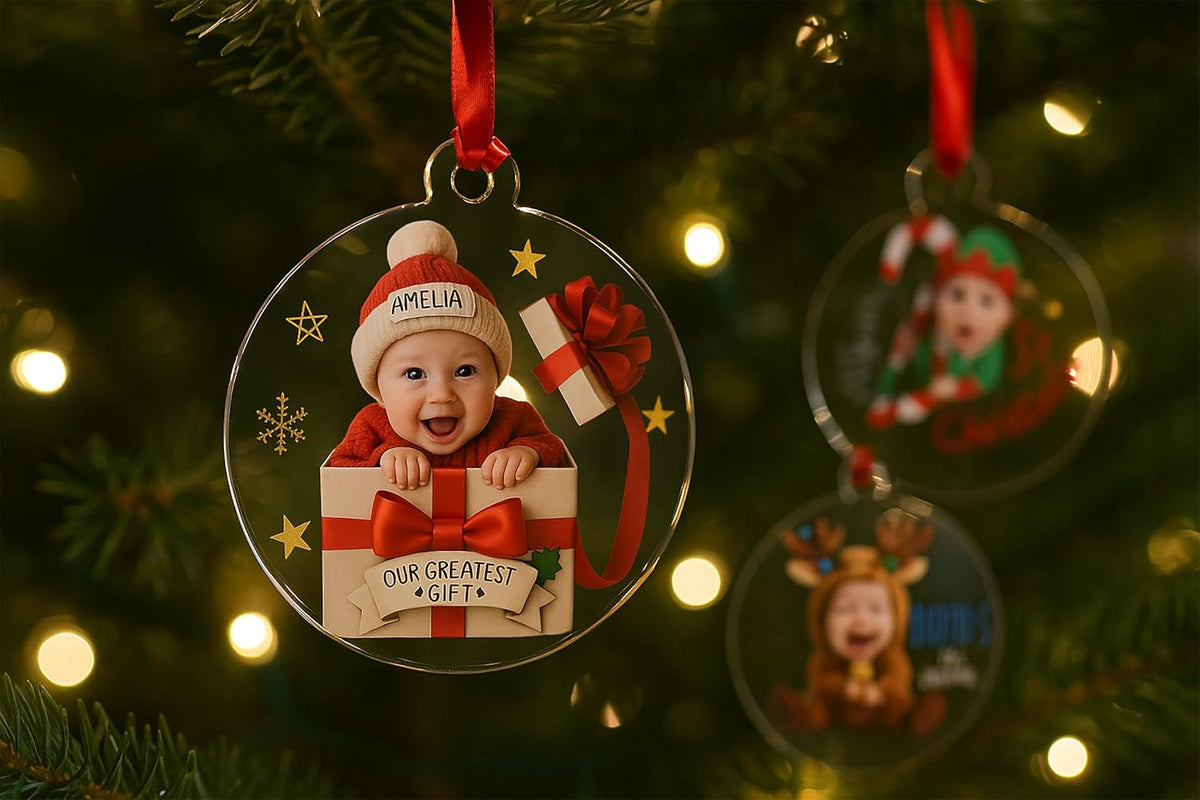 Personalized Baby’s First Christmas Photo Ornament – Custom Round Keepsake with Baby Name & Picture – Newborn 1st Christmas Tree Decoration – Gift for New Parents, Baby Shower, Mom & Dad