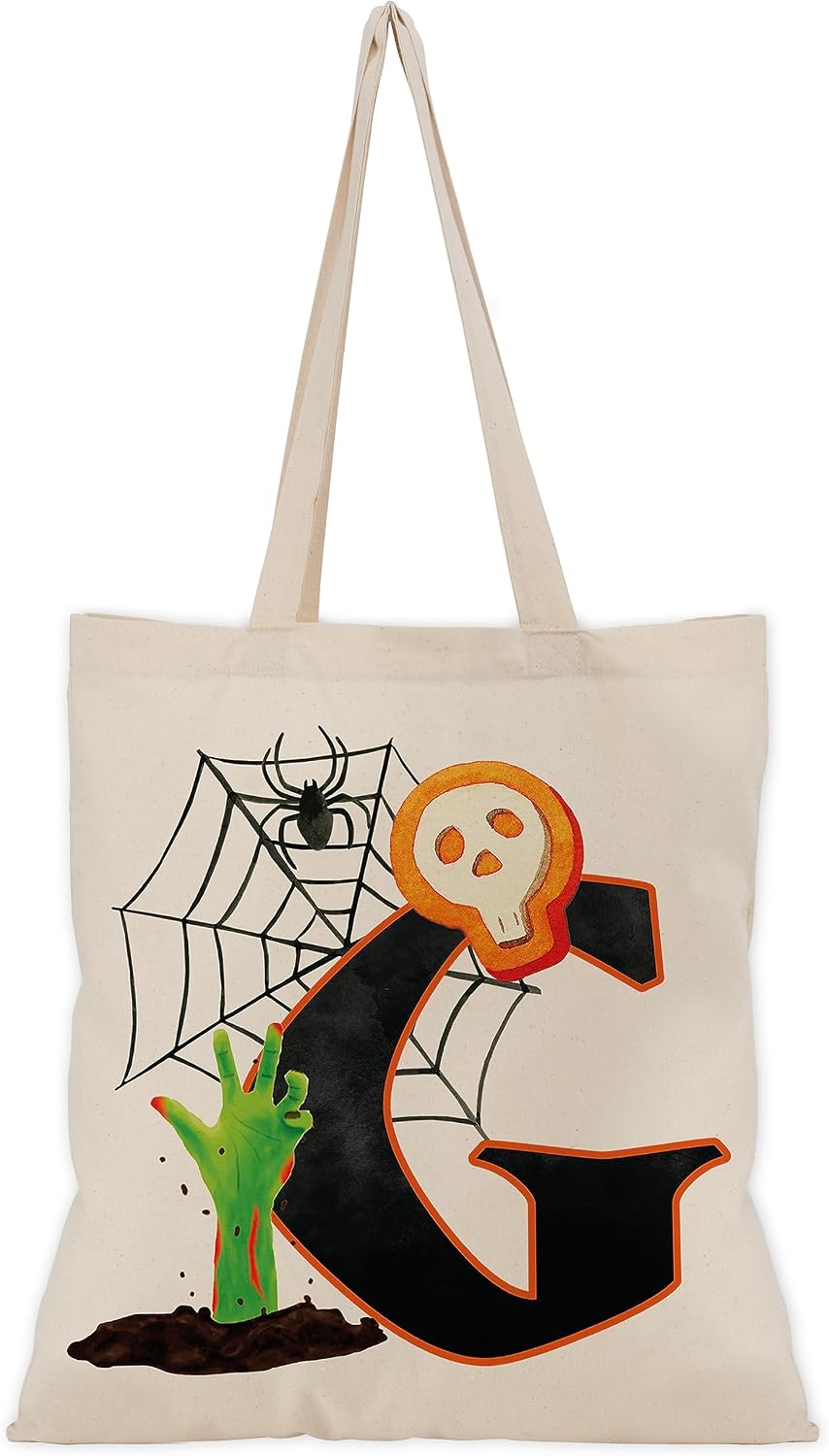 People People Halloween Initial Tote Bags Gifts for Boys Girls - Trick or Treat Letters Pumpkin Goodie Bag