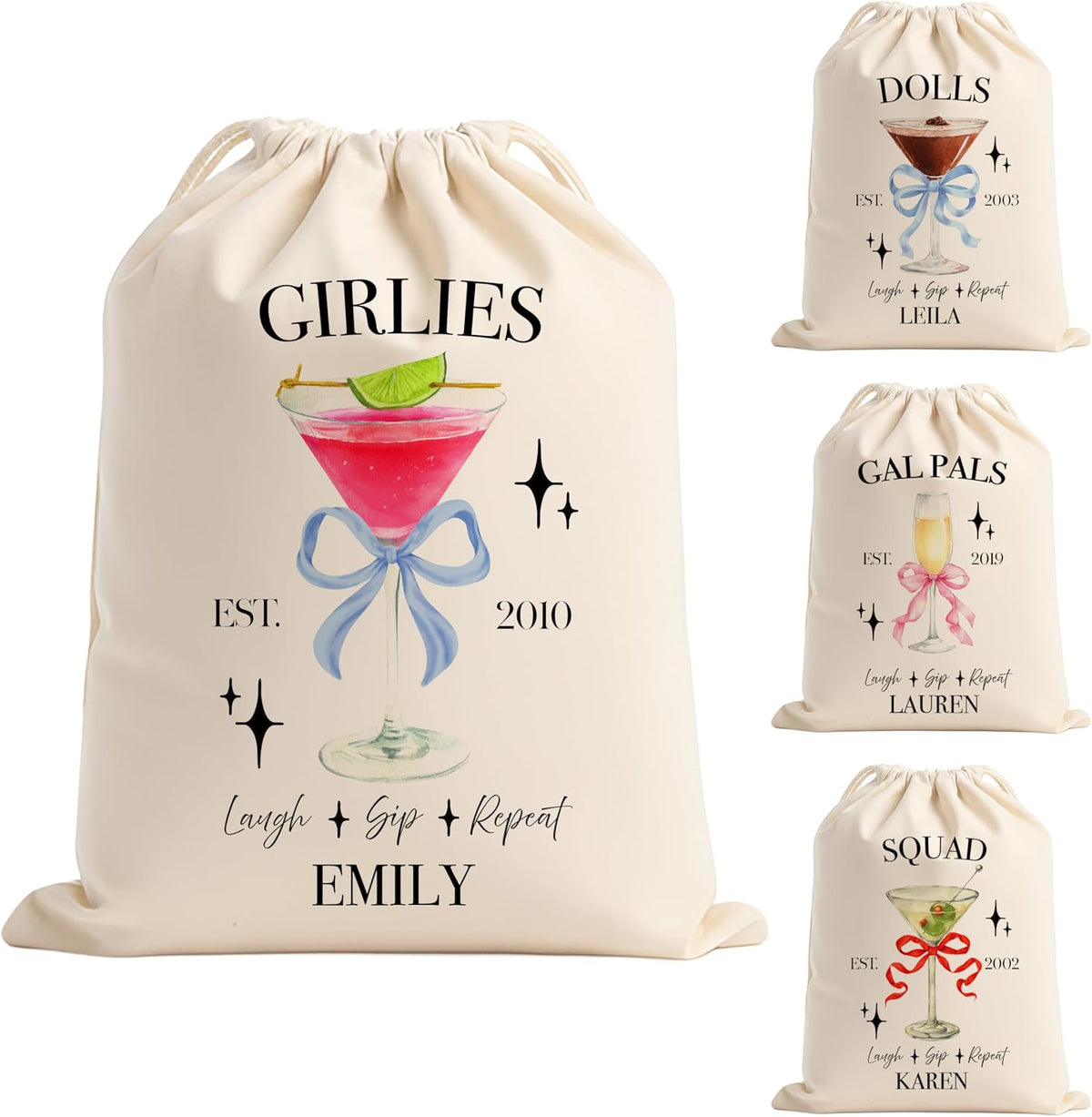 Personalized Cocktail Canvas Drawstring Bag for Girls Night, Galentine’s Day, or Bachelorette – Custom Name Group Pouch with Drink Design, Year & Text – Makeup Gift Bag for Bridesmaids & Friends