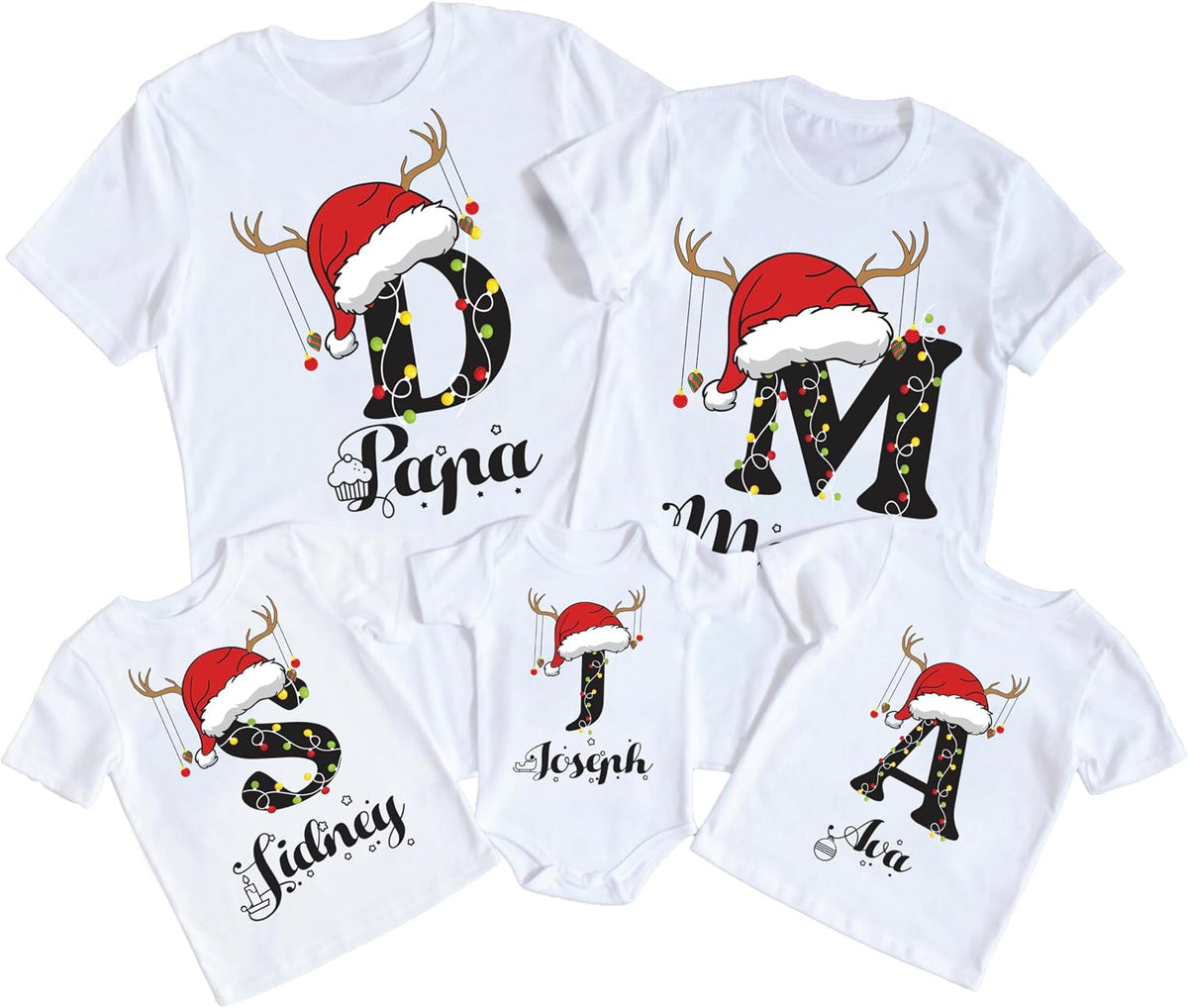 Personalized Initial Christmas Matching Set T-Shirt for Family, Customized Monogrammed Holiday Xmas Outfit for Gift White