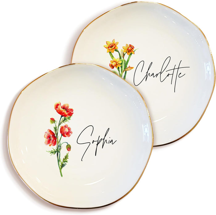 Personalized Birth Flower Name Ring Dish - Custom Floral Ceramic Jewelry Plate, Tray for Women, Bridesmaid, Daughter, Mom, Friends - Gift for Birthday, Christmas, Mother’s Day