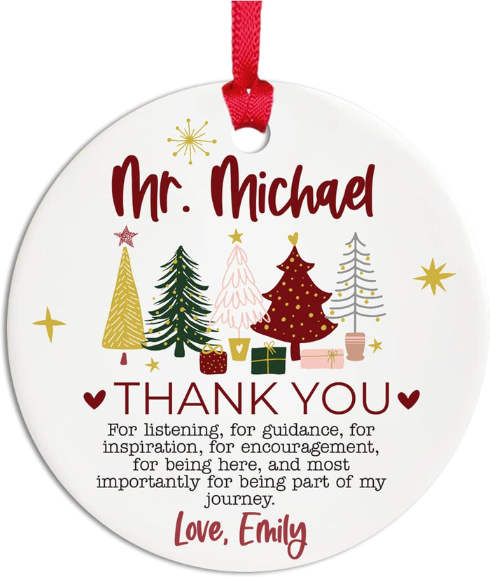 Personalized Teacher Ornament, Custom Name Thank You Gift for Teacher, Mentor or Coach, Ceramic or Acrylic Holiday Keepsake with Message, Appreciation Gift