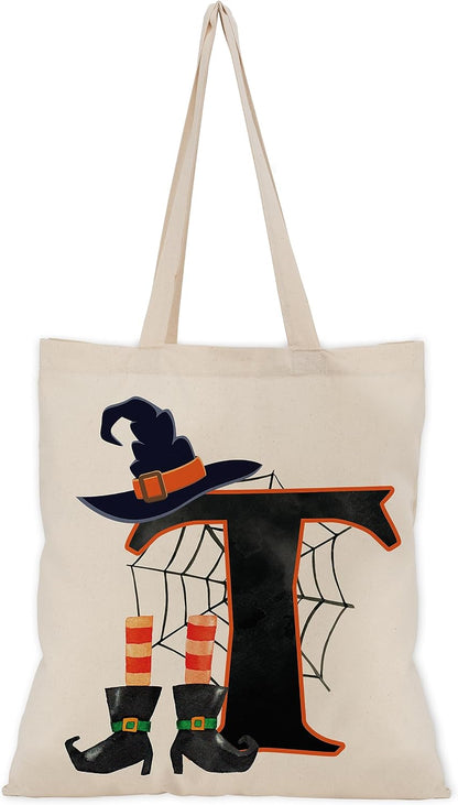People People Halloween Initial Tote Bags Gifts for Boys Girls - Trick or Treat Letters Pumpkin Goodie Bag