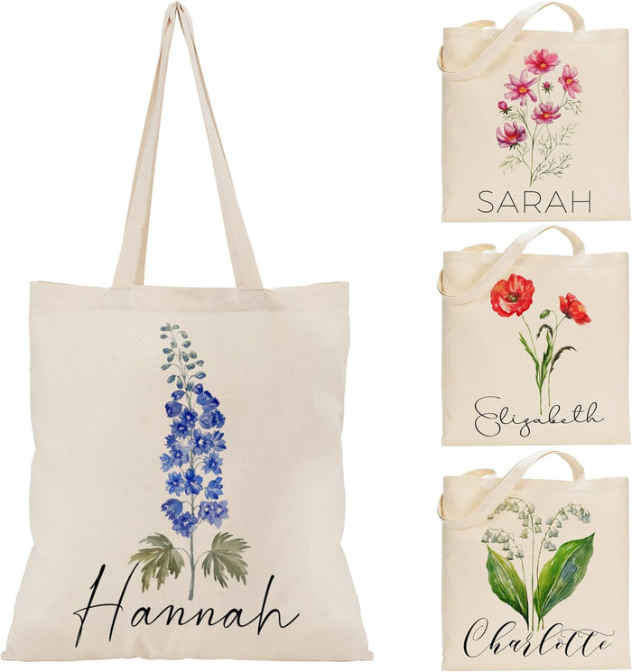 Personalized Floral Tote Bag for Summer, Beach, Birthday, Gift, Shopping and Daily Use - Customized Name Canvas Totes Reusable Bags - Perfect Gifts for Teacher & Bachelorette Party